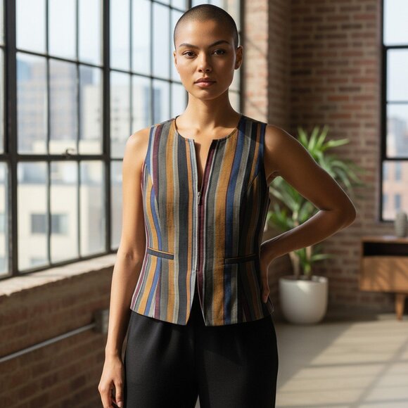 Vintage 90s Anne Klein II Zip-front Silk Shantung Striped Sleeveless Top Sz 10P - Picture 1 of 9